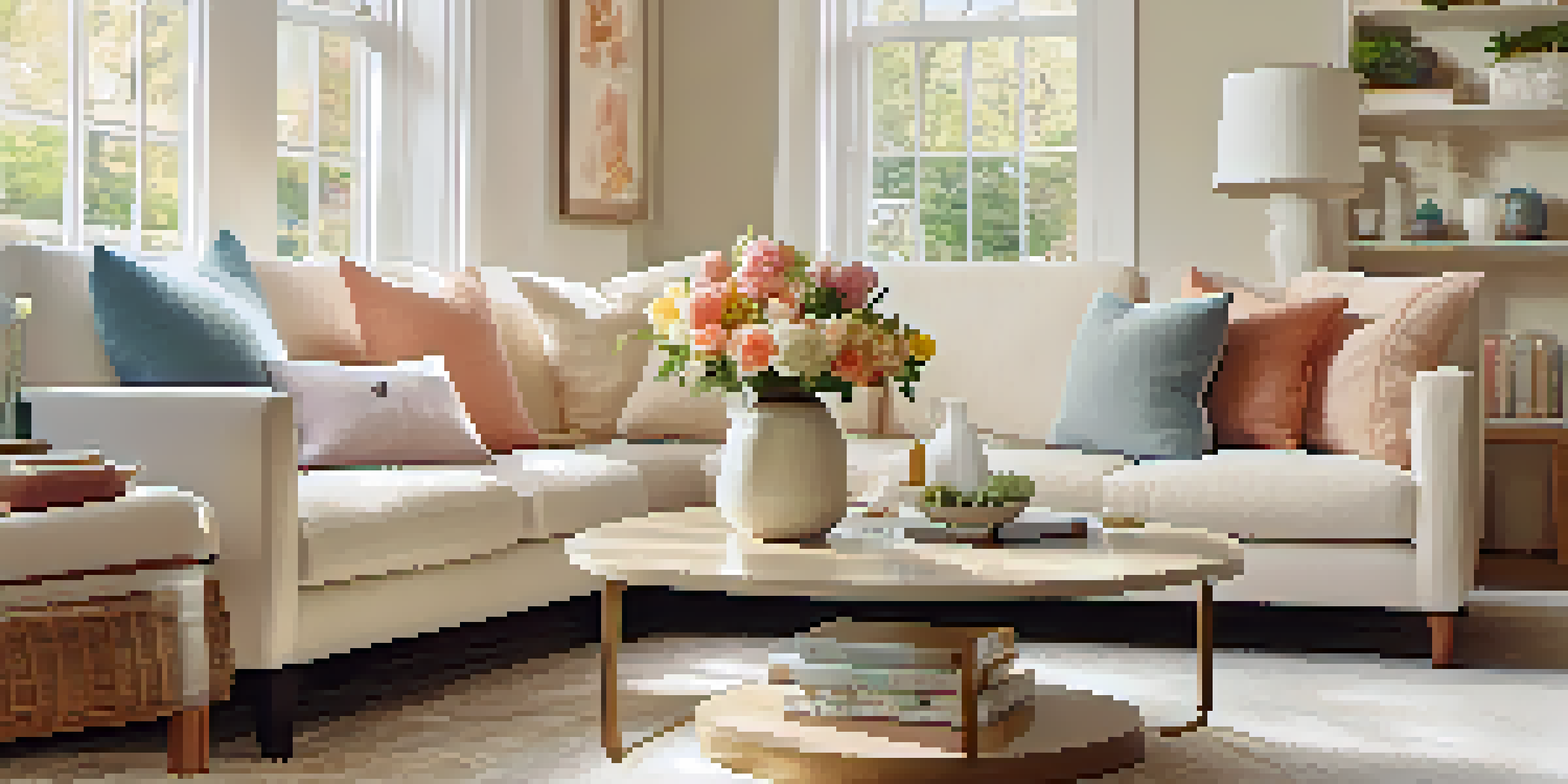 A cozy and inviting living room with a sofa, coffee table, and large window letting in sunlight, designed for an open house.