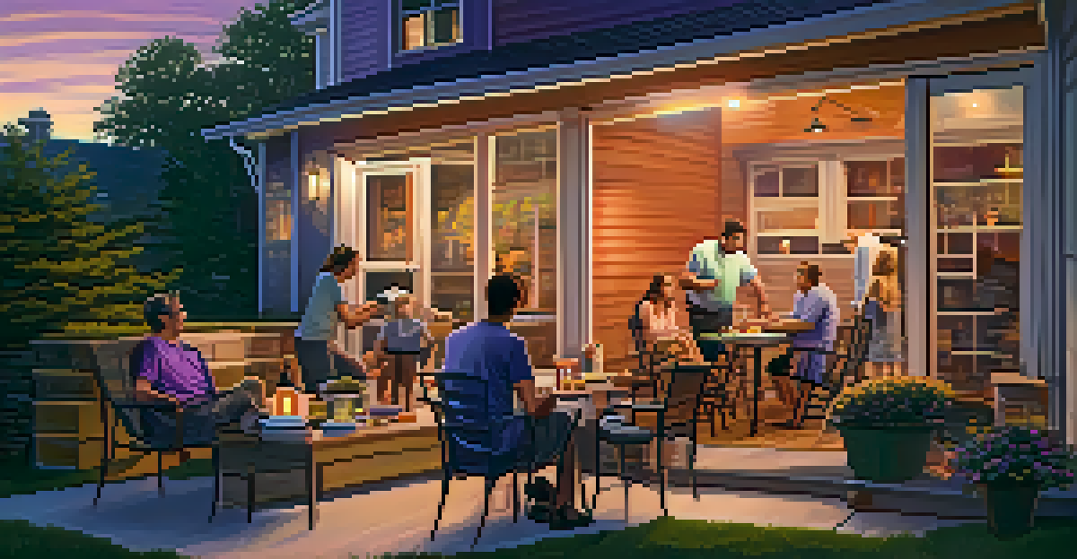 A backyard barbecue scene featuring a family and smart security devices like a surveillance camera.