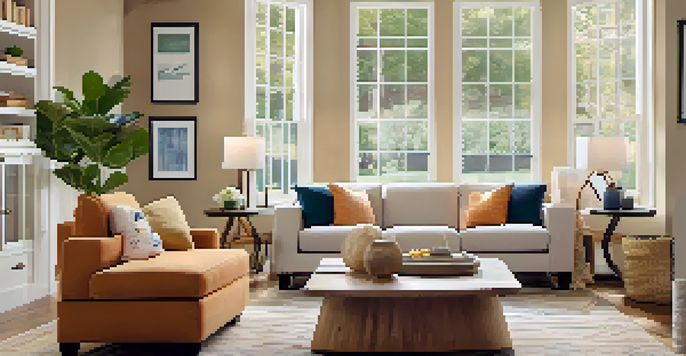 A warm and inviting living room with a sofa, coffee table, and sunlight streaming through a large window, decorated with family photos.