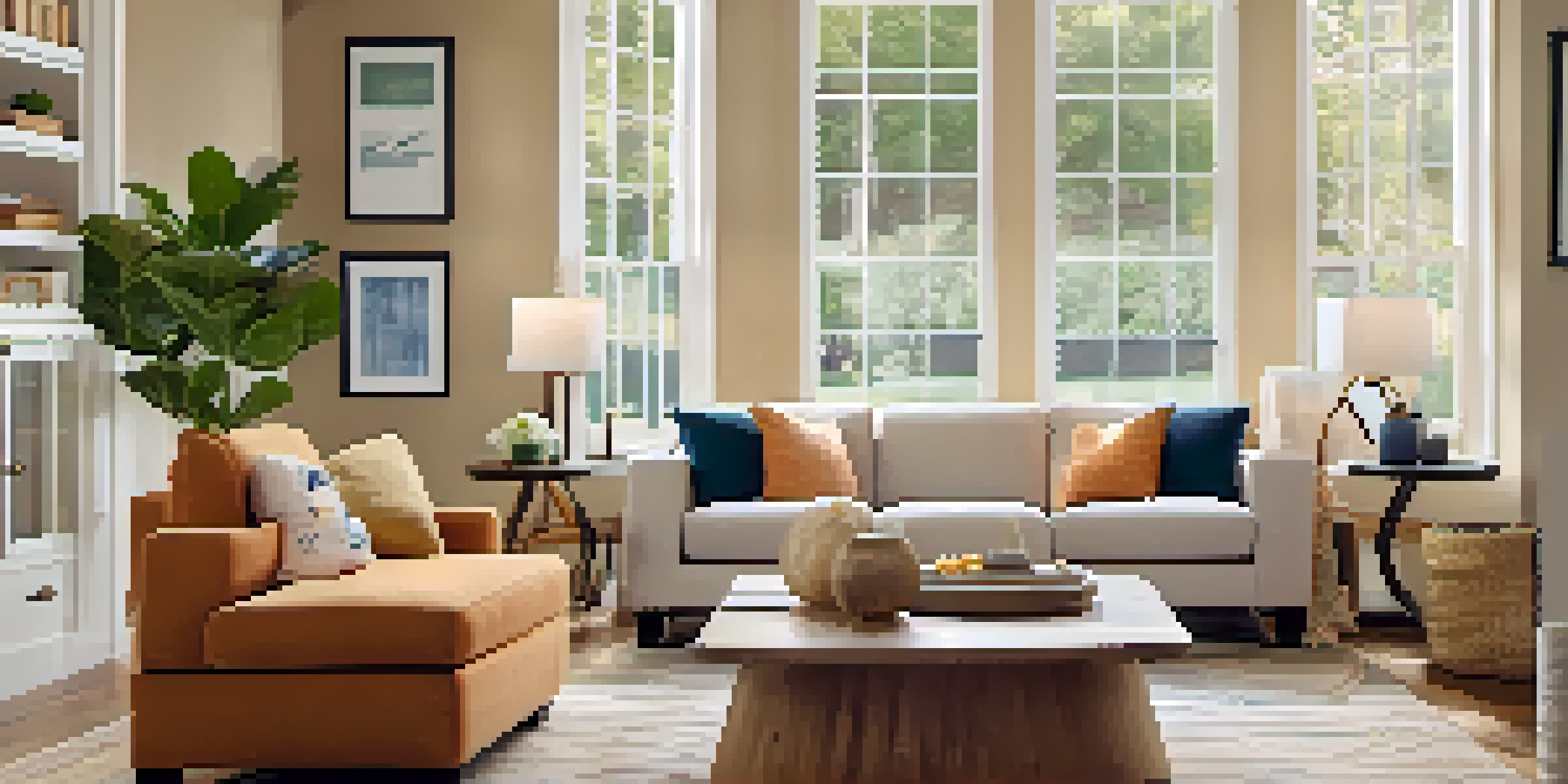 A warm and inviting living room with a sofa, coffee table, and sunlight streaming through a large window, decorated with family photos.