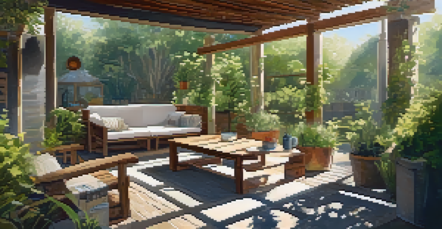 An outdoor patio designed with recycled materials, including reclaimed wood furniture and decorative gravel, surrounded by greenery and illuminated by sunlight.