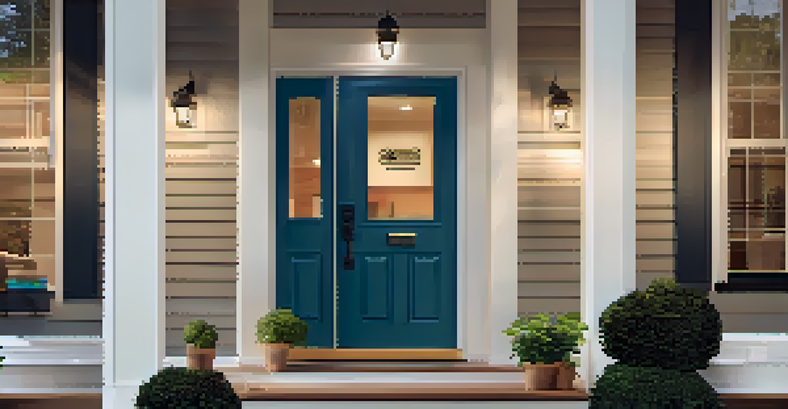 An outdoor patio with a smart doorbell camera and a smartphone notification about a package, set in the evening.