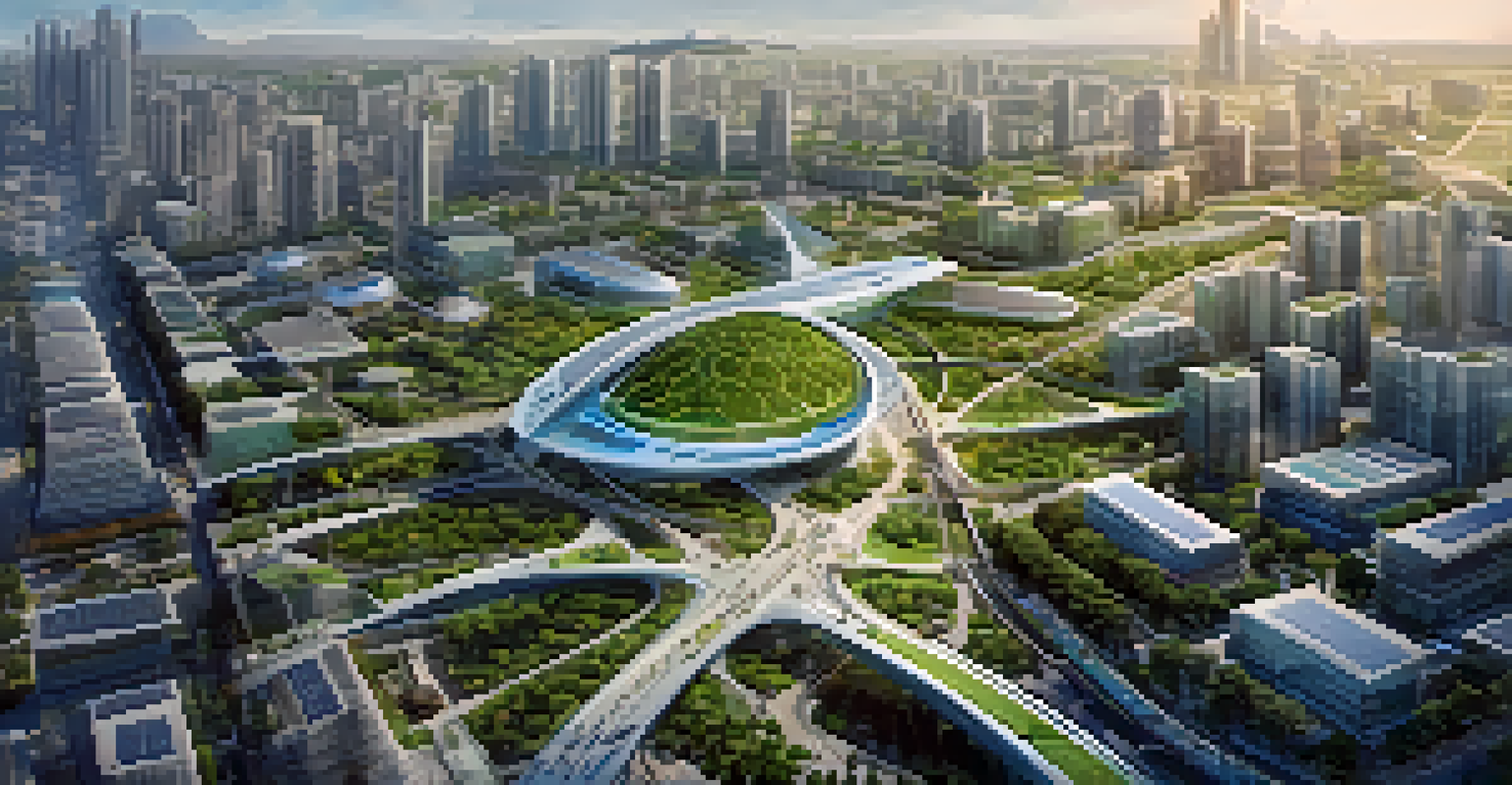 An aerial view of a smart city with interconnected transportation and green parks.