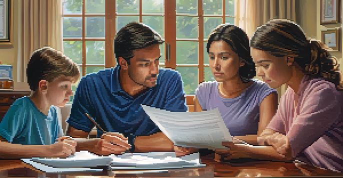 A family gathered around a dining table, looking at home insurance documents with focused expressions in a warm living room.