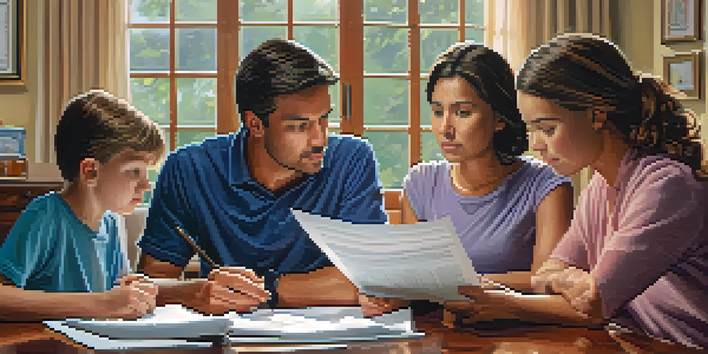 A family gathered around a dining table, looking at home insurance documents with focused expressions in a warm living room.