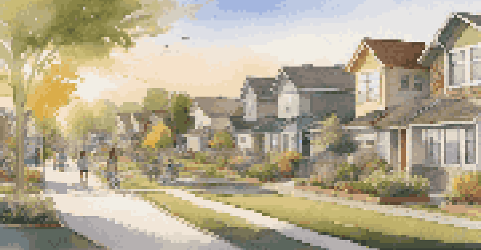 A picturesque suburban neighborhood with eco-friendly houses, solar panels, and families enjoying the outdoors at sunset.