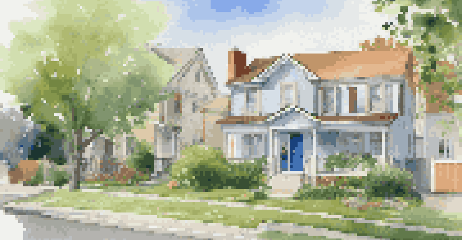 A picturesque neighborhood with a 'For Sale' sign and a data analyst reviewing charts on a laptop amidst a pleasant outdoor setting.