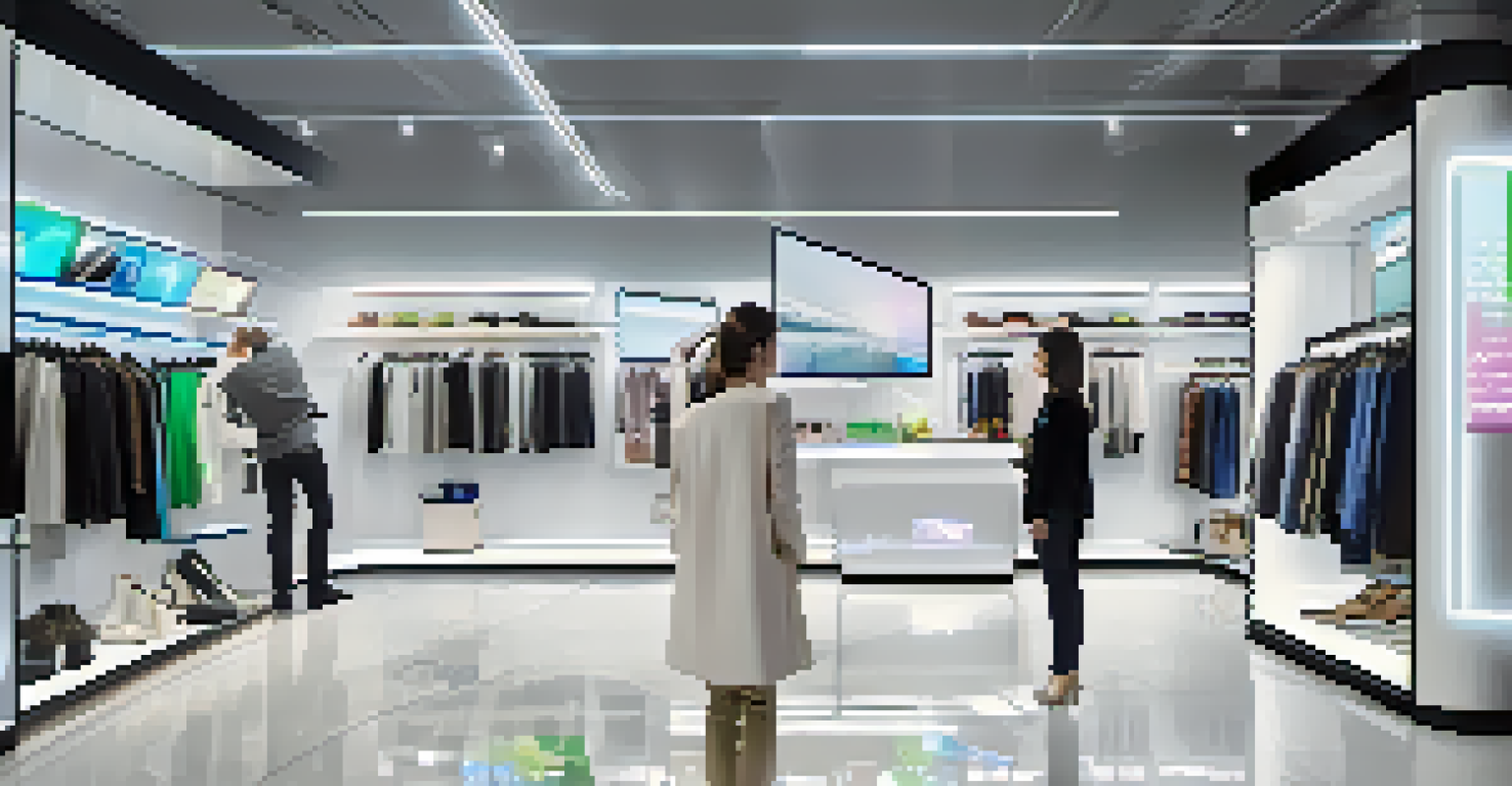 A modern retail environment with smart mirrors and interactive displays, showcasing the integration of technology in shopping.