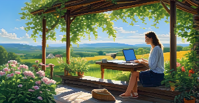 A peaceful rural scene with a cottage, greenery, and a person working on a laptop on the porch.