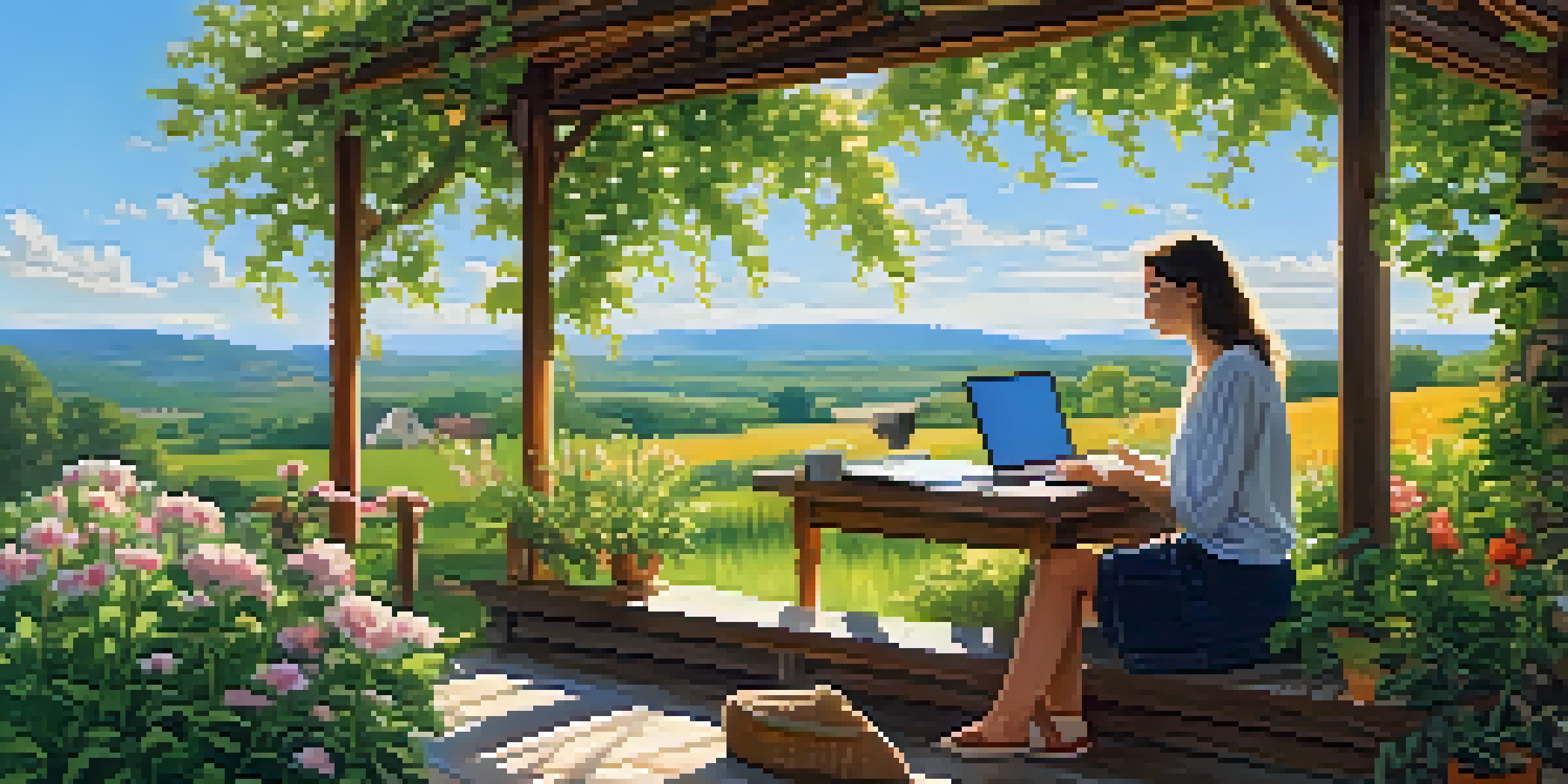 A peaceful rural scene with a cottage, greenery, and a person working on a laptop on the porch.