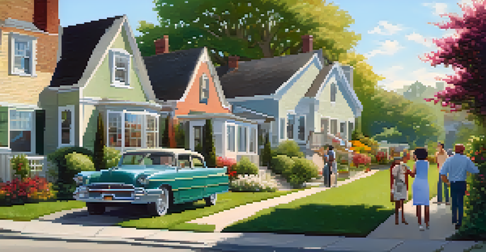 A group of diverse homeowners discussing zoning regulations in a sunny suburban neighborhood, surrounded by greenery and flowers.