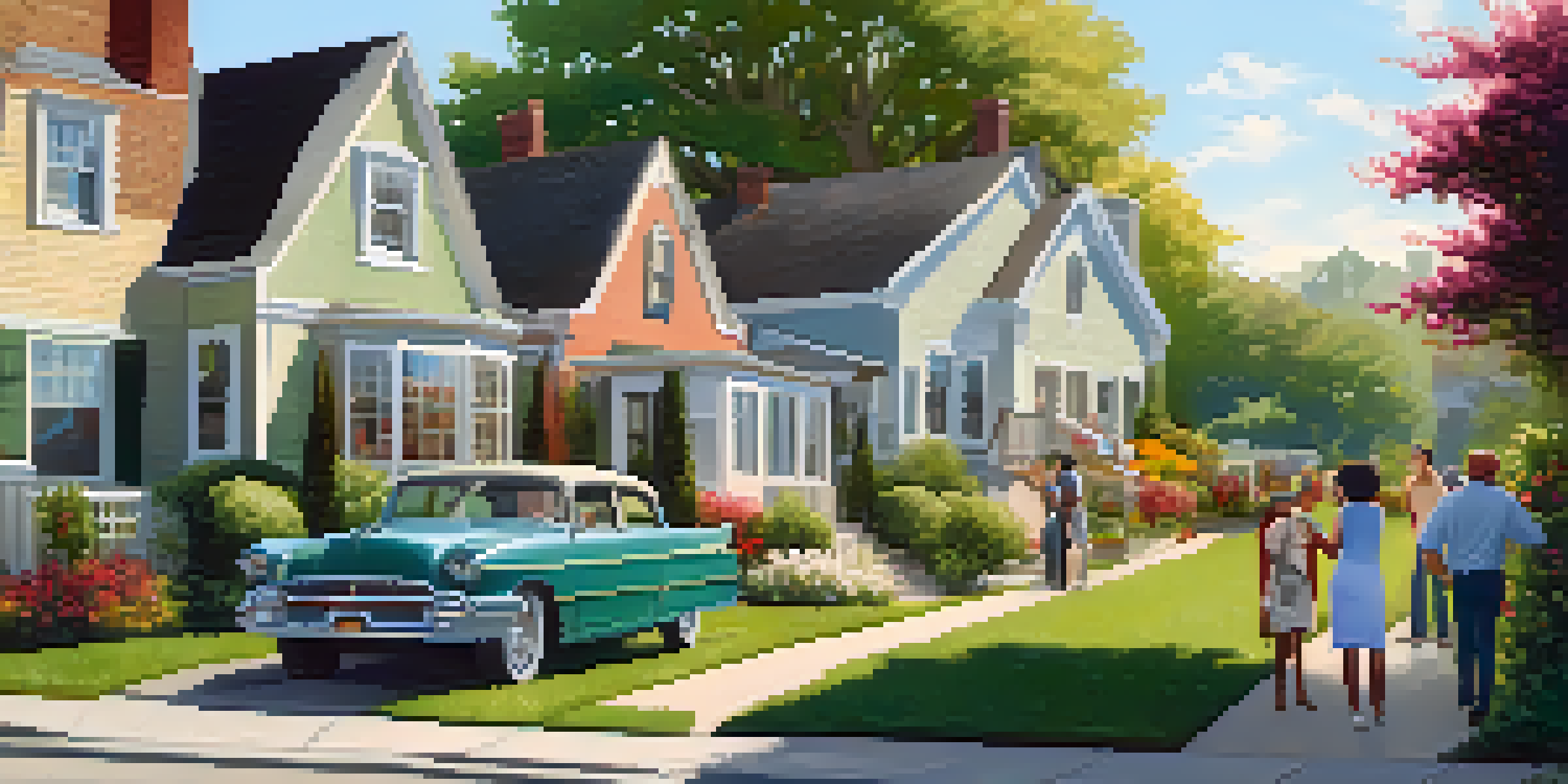 A group of diverse homeowners discussing zoning regulations in a sunny suburban neighborhood, surrounded by greenery and flowers.