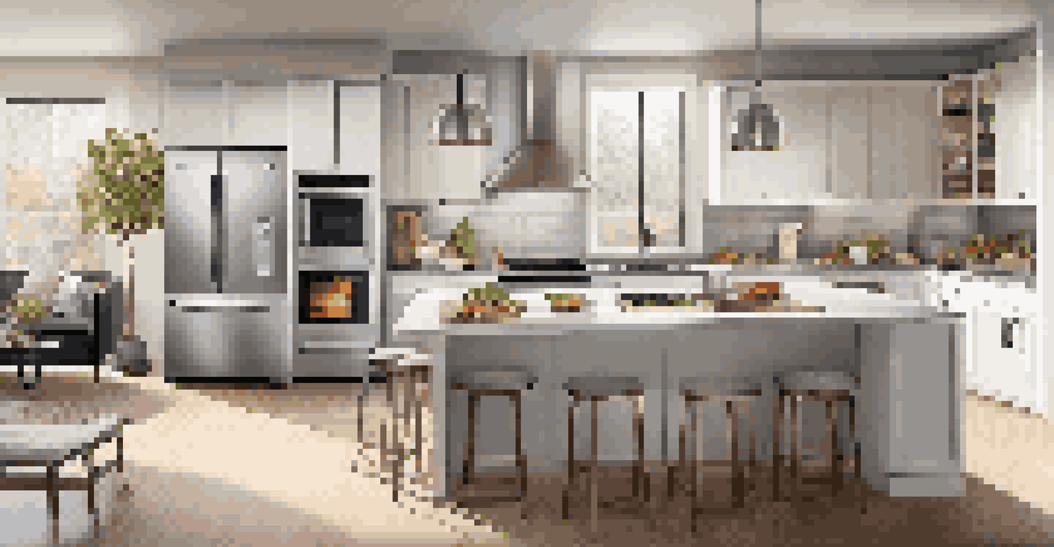 A modern kitchen filled with smart appliances, including a touchscreen refrigerator and smart oven, showcasing a bright and airy design.