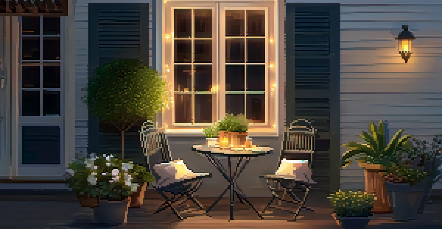 A cozy outdoor seating area with rustic chairs and warm string lights at twilight.