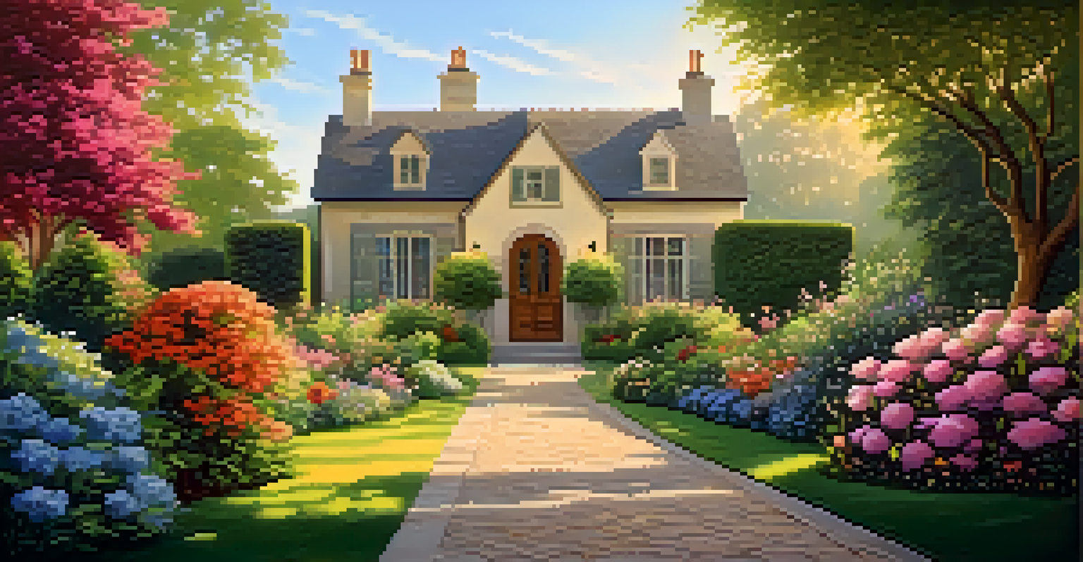A picturesque garden with colorful flowers and neatly trimmed hedges, featuring a pathway that leads to a cozy front door, illuminated by the warm light of the golden hour.