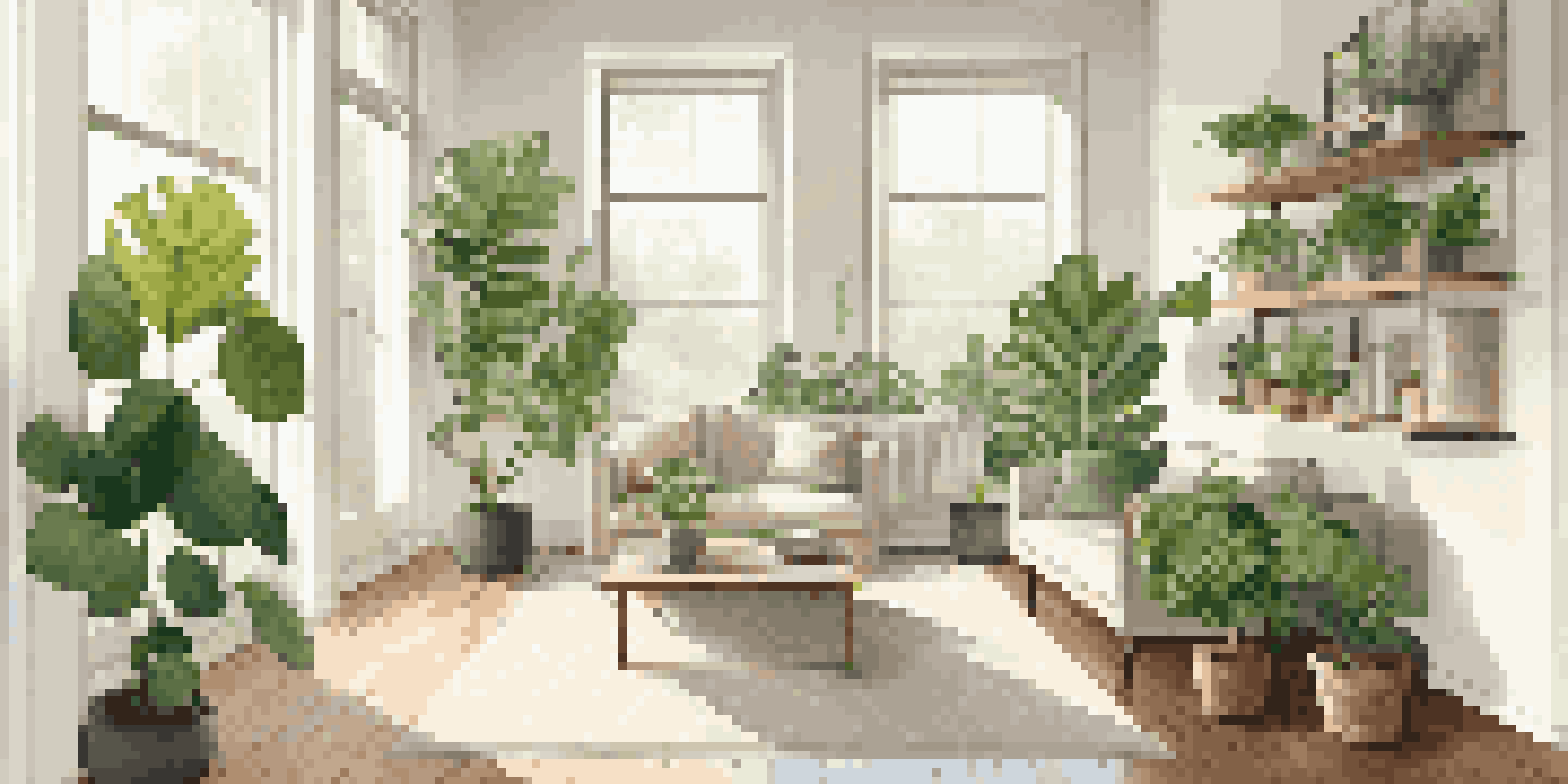 A spacious living area filled with plants, including a large fiddle leaf fig and hanging pothos, with sunlight streaming in from the windows.