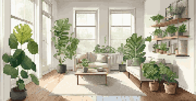 A spacious living area filled with plants, including a large fiddle leaf fig and hanging pothos, with sunlight streaming in from the windows.