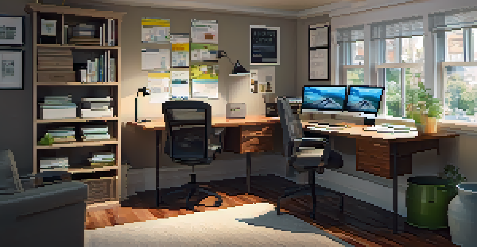 A well-organized basement home office with a wooden desk, ergonomic chair, and motivational decor.