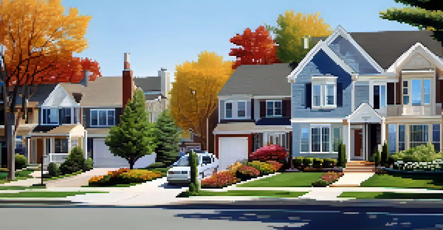 A picturesque suburban neighborhood with diverse residential properties and families enjoying their yards on a sunny day.