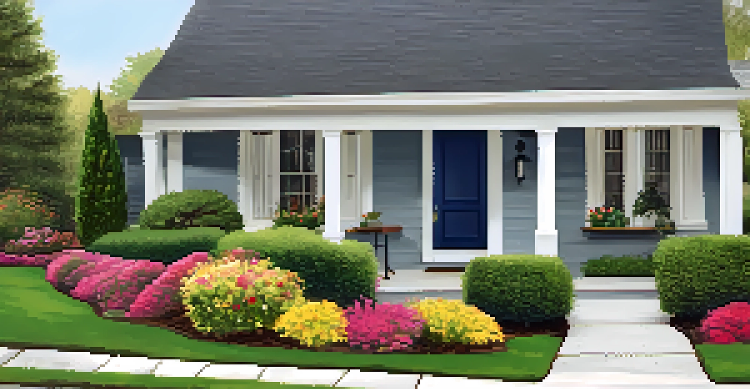 A charming home exterior with a colorful front door, well-kept hedges, and vibrant flower beds, enhancing curb appeal.