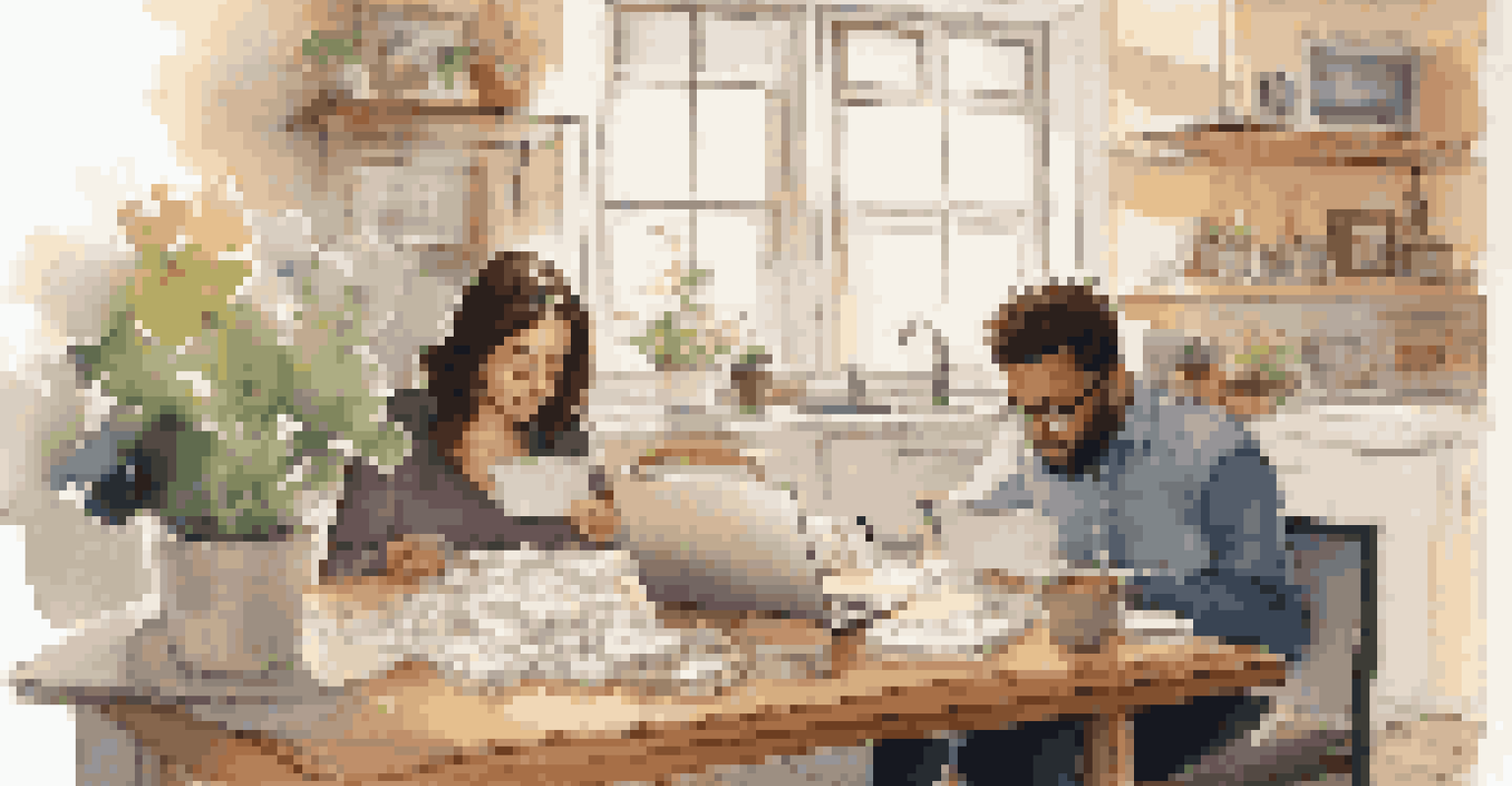 A couple at a dining table looking at house listings on a laptop, with home-buying materials around them.