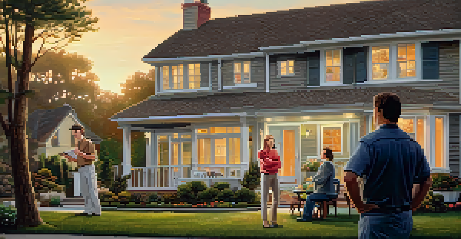 A home inspector explaining findings to a couple outside a suburban home during golden hour, with warm lighting and a welcoming atmosphere.