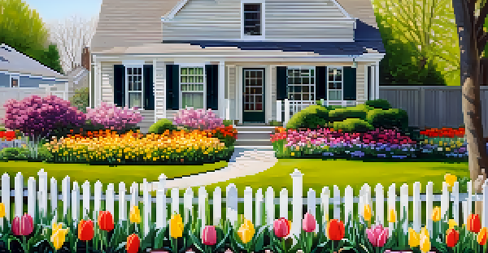 A front yard in spring filled with colorful tulips and daffodils, surrounded by green grass and a white picket fence, illuminated by soft morning light.