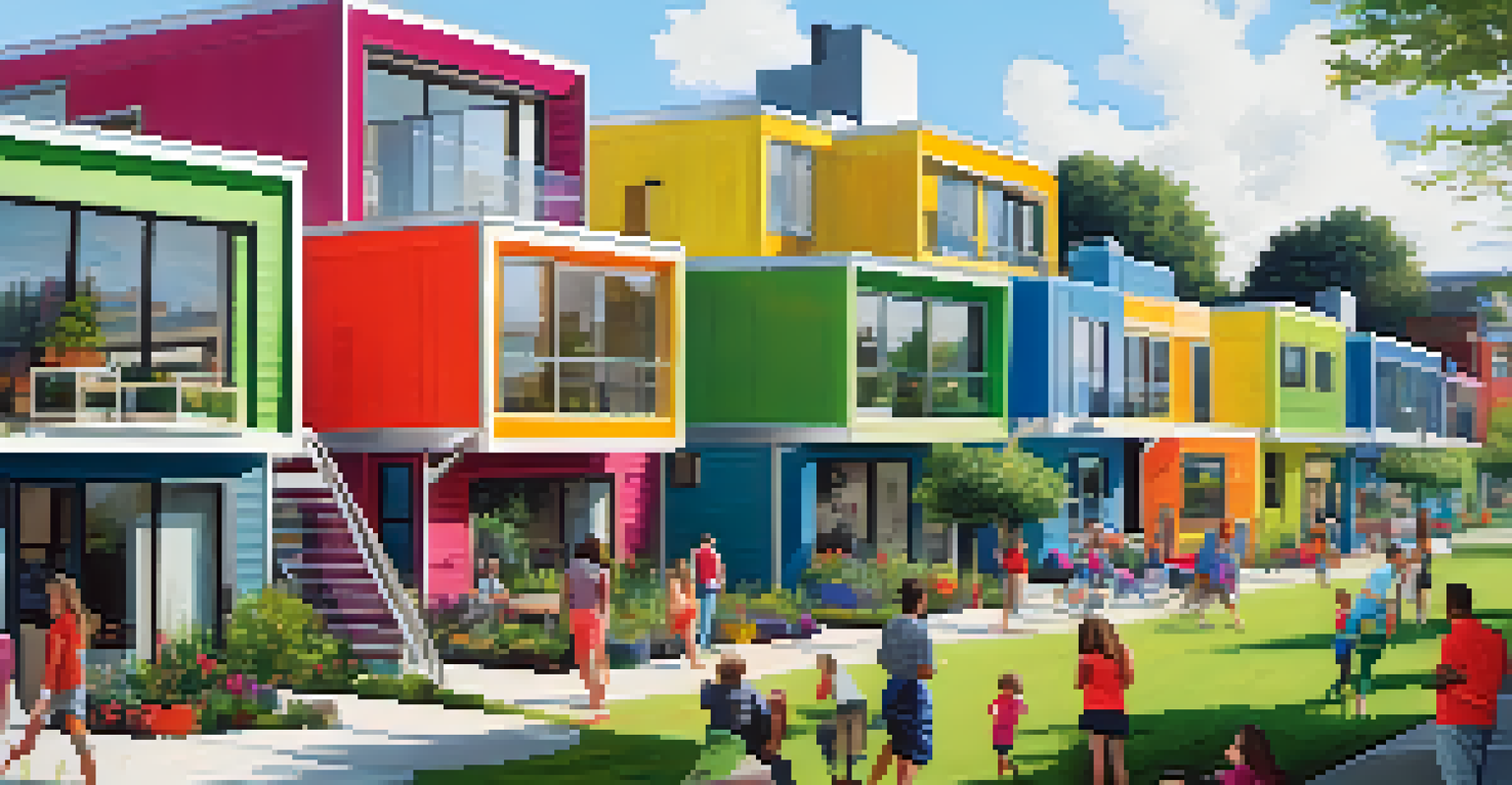 A row of colorful modular homes in an urban setting, with people in a community area and a city skyline in the background.
