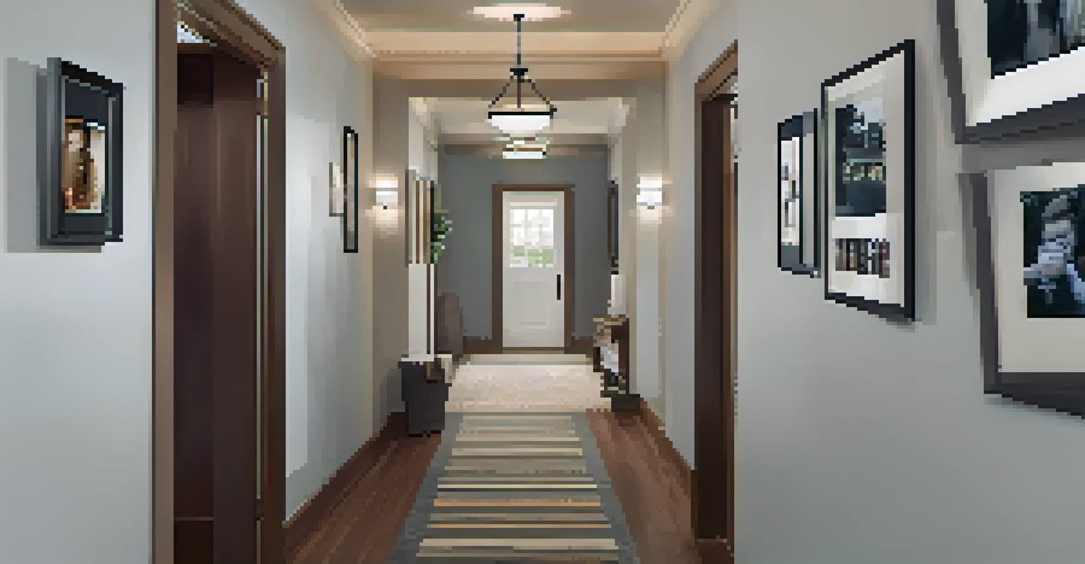 A serene hallway featuring strategically placed smoke detectors and family photos.