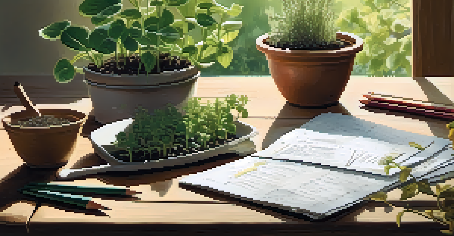 A planting schedule with seed packets and a garden journal on a wooden table, illuminated by sunlight.