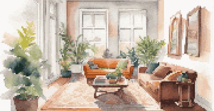 A cozy living room filled with natural light, showcasing a sofa, a coffee table with a notebook, and potted plants.