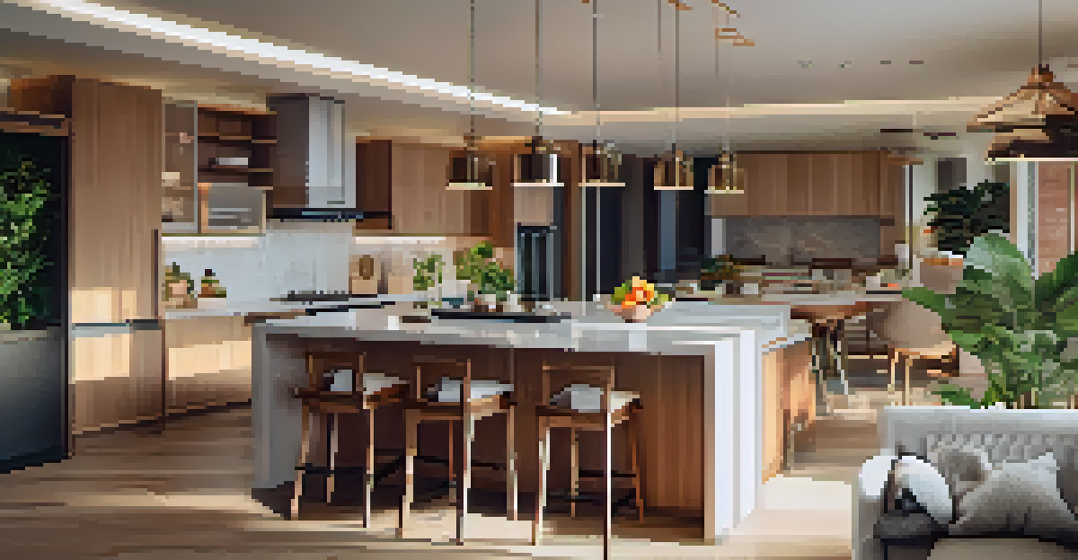 A contemporary kitchen with smart appliances and warm ambient lighting, designed for an open floor plan.