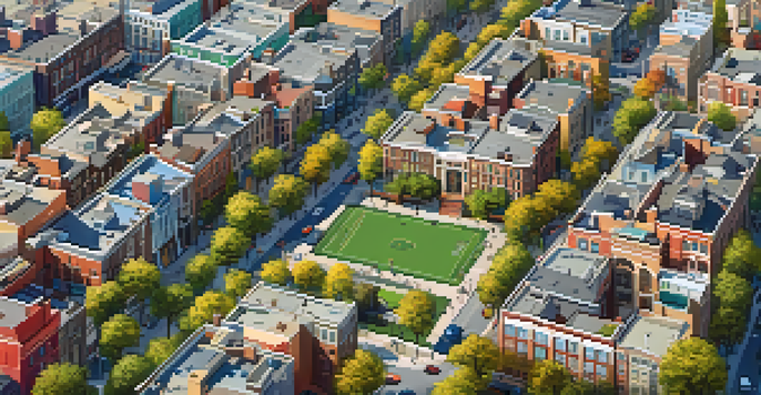 Aerial view of a lively urban neighborhood with residential and commercial buildings, parks, and colorful storefronts, featuring data visualization overlays.