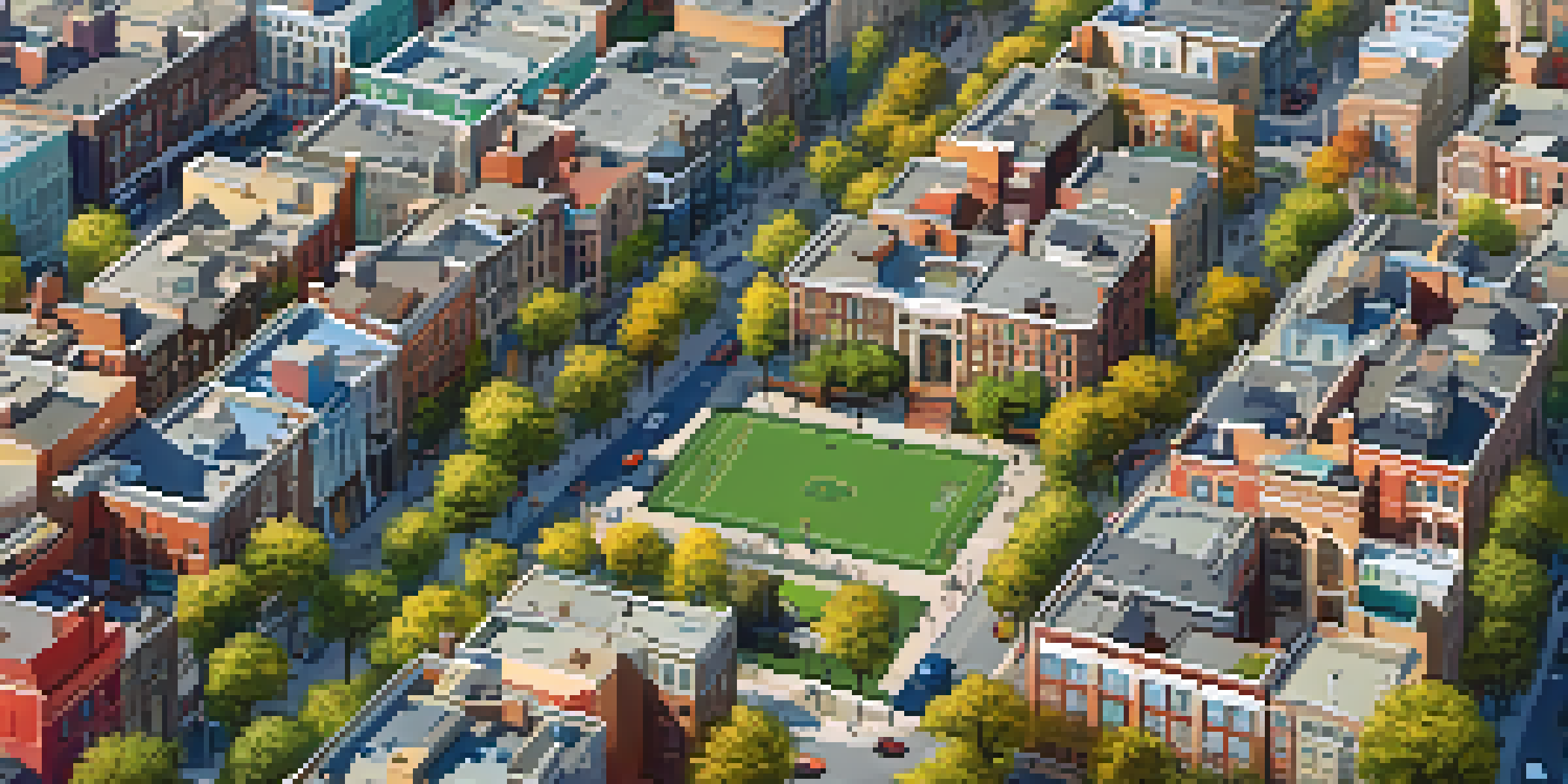 Aerial view of a lively urban neighborhood with residential and commercial buildings, parks, and colorful storefronts, featuring data visualization overlays.