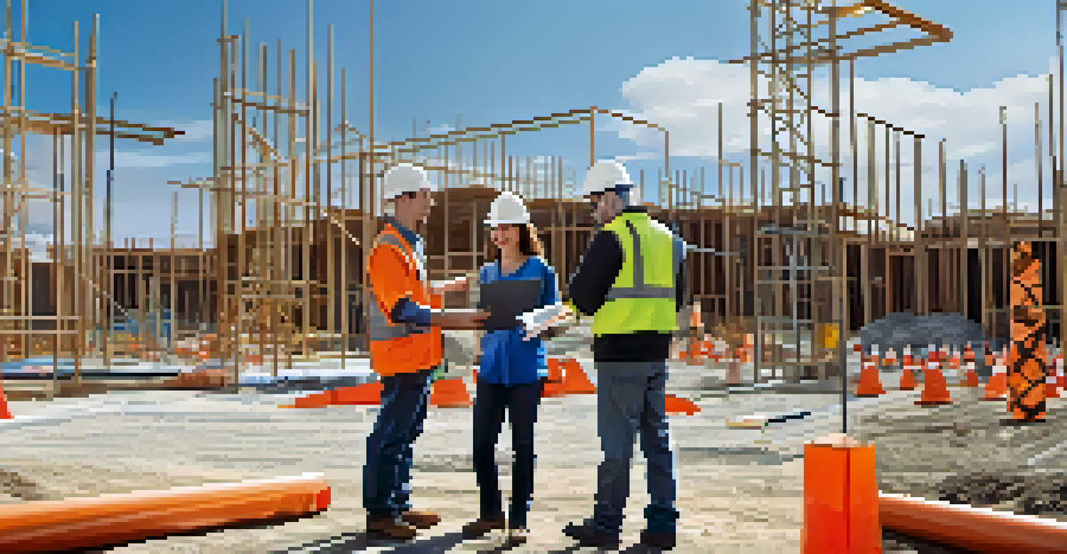 A contractor explaining the permit process to a homeowner at a construction site with equipment in the background.