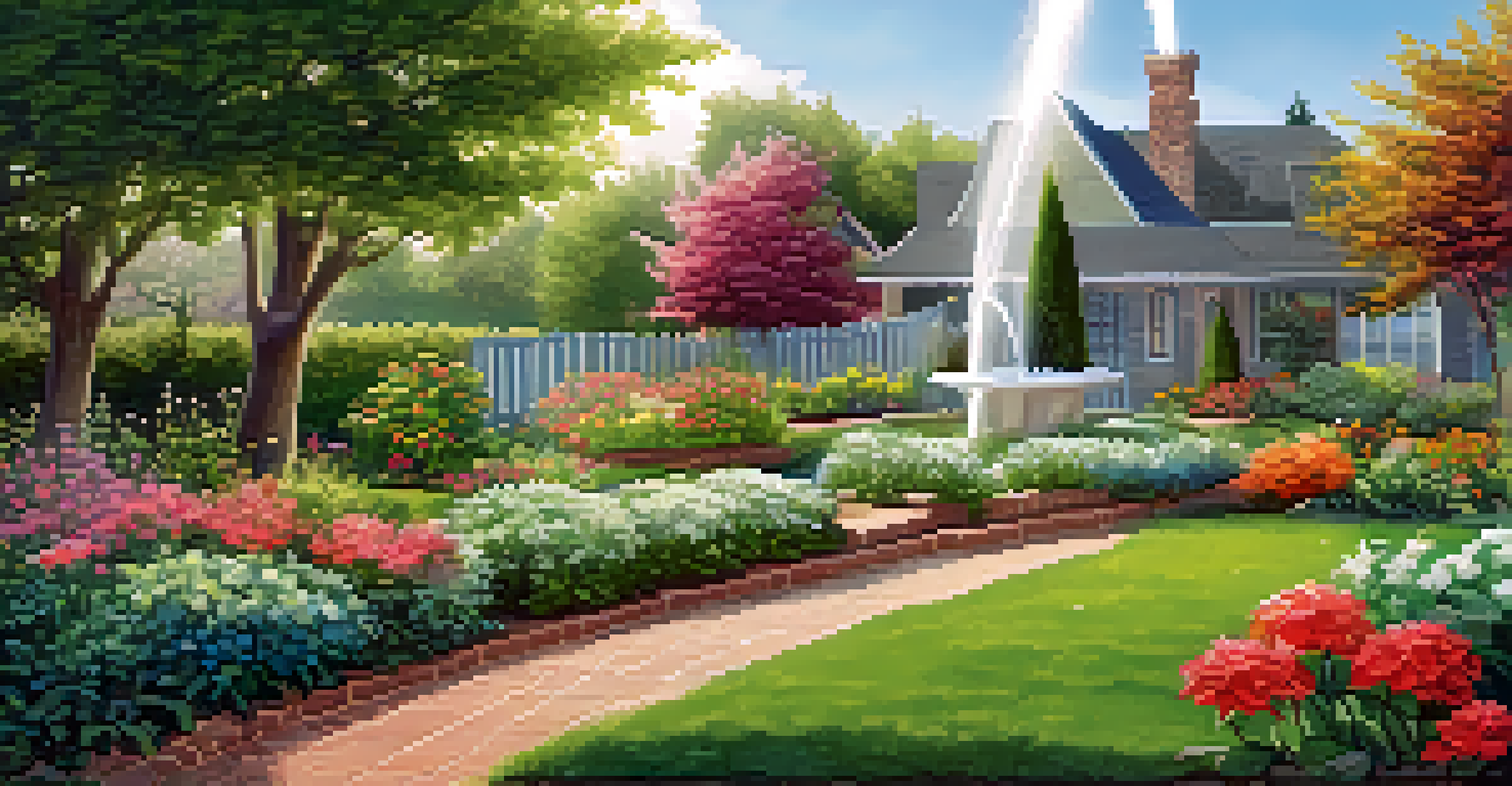 A vibrant garden being watered by a smart irrigation system, with a smartphone showing the irrigation schedule.