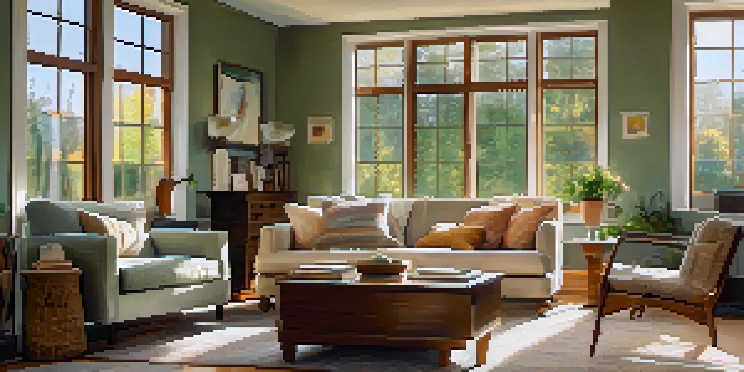 A cozy living room with a stylish sofa, coffee table, warm lamp, and a sunny window view.