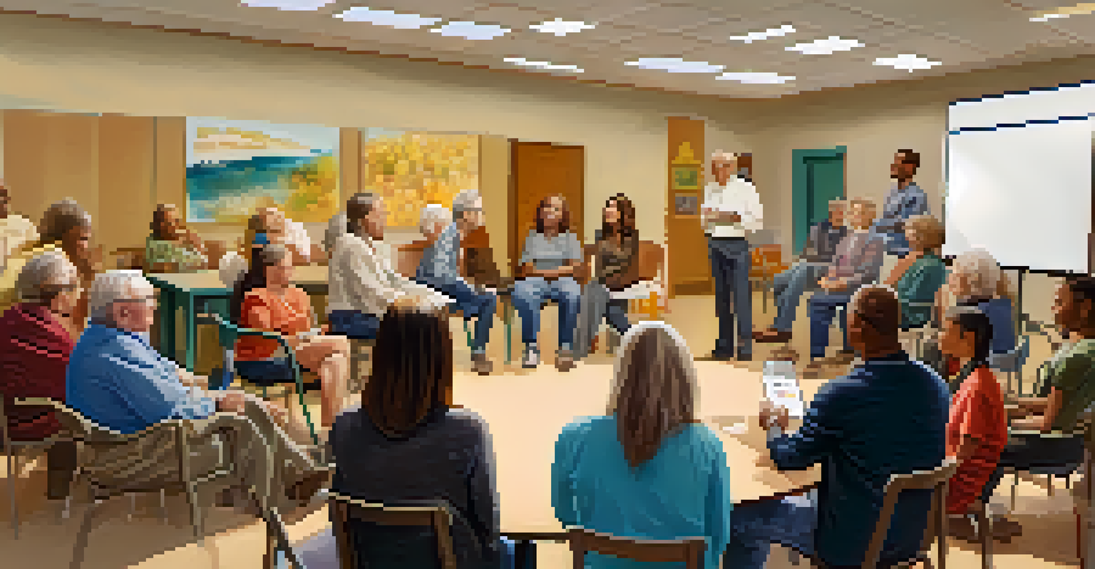 Residents in a community center participating in an HOA meeting, discussing ideas with a whiteboard displaying initiatives and refreshments on a table.