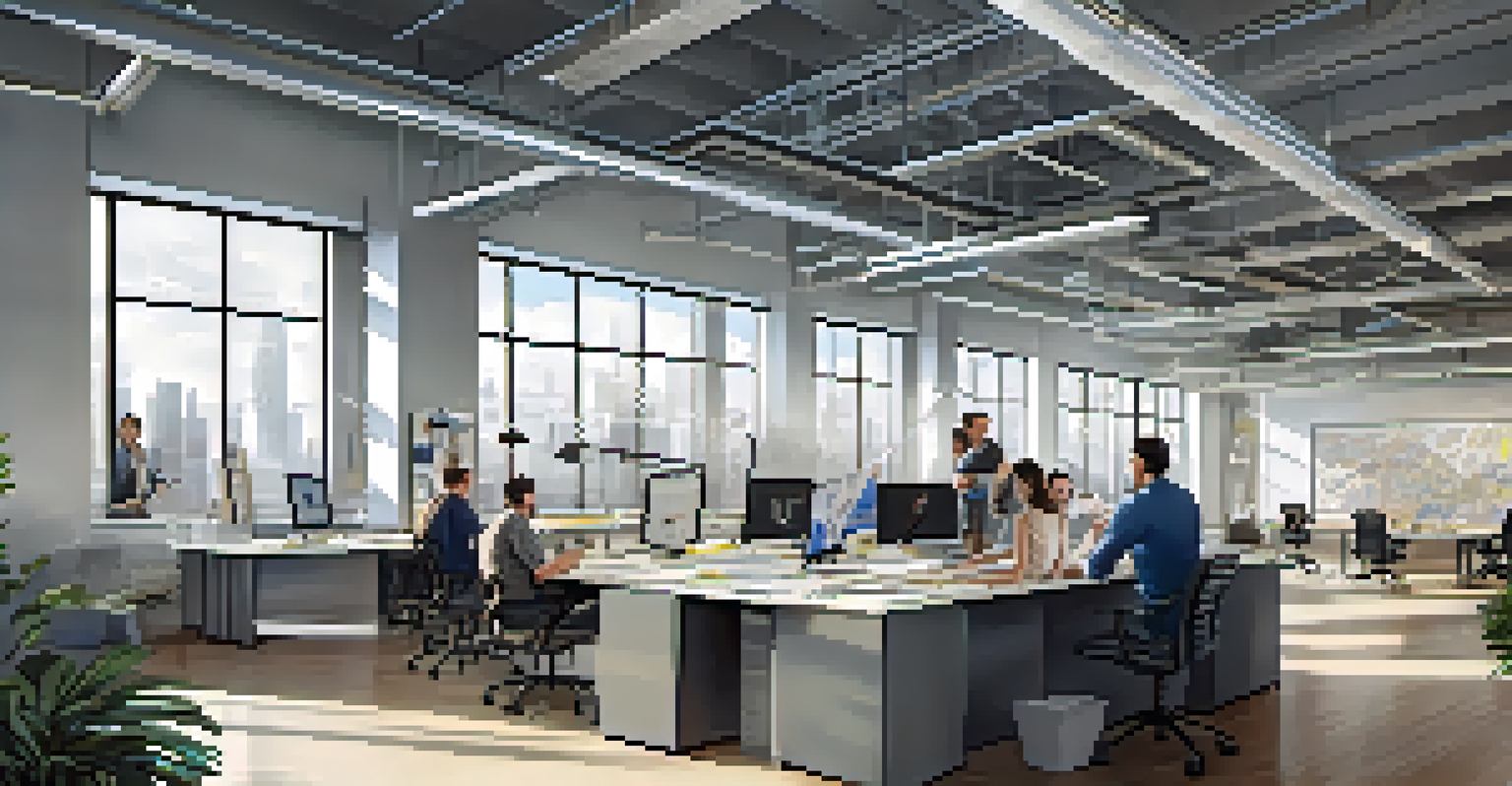 Architects and engineers collaborating in an office space, discussing building plans and looking at a digital model on a computer screen.