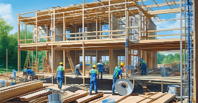 A construction site of a modern home with workers and materials, surrounded by greenery on a sunny day.