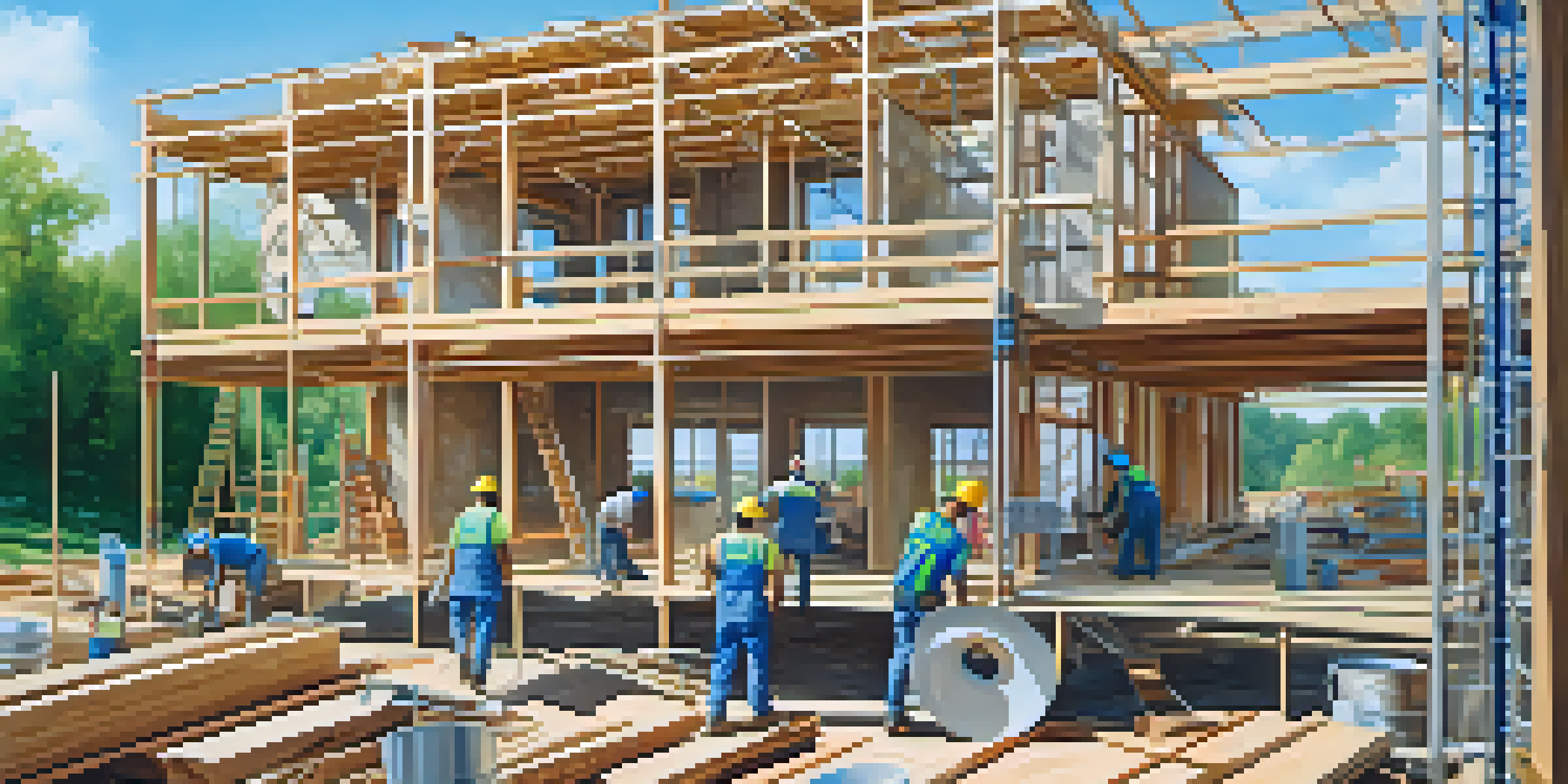 A construction site of a modern home with workers and materials, surrounded by greenery on a sunny day.