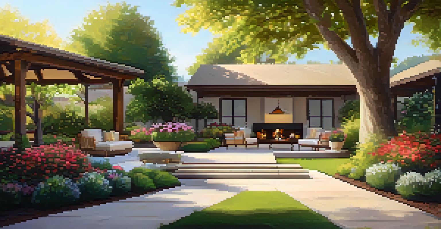 A beautifully landscaped outdoor space with flowers, a patio, and a tree, illuminated by warm afternoon light.