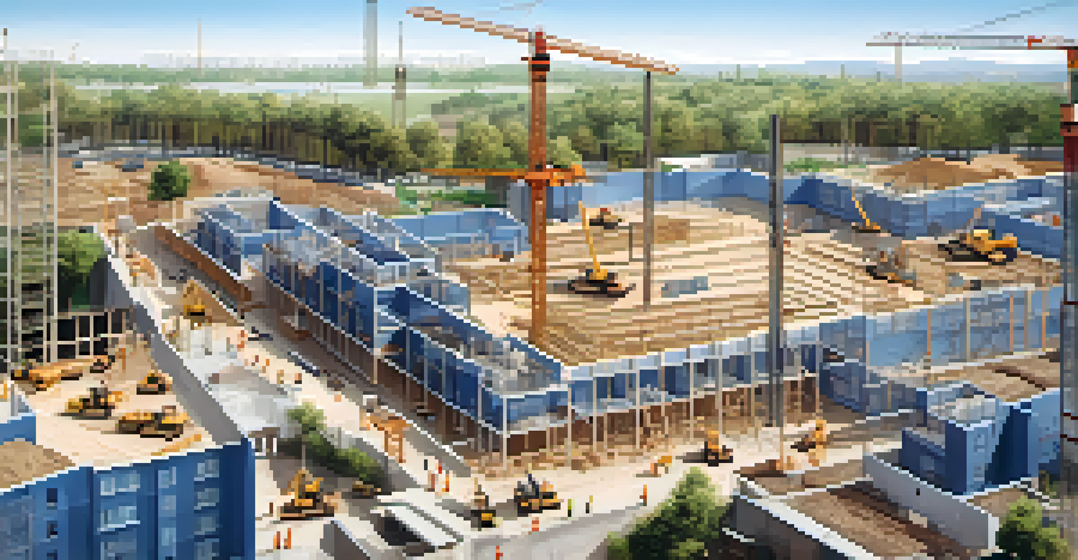 An aerial shot of a residential construction site with investors discussing plans and cranes in the background.