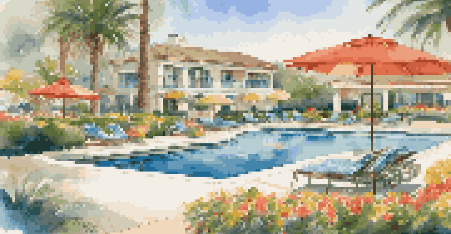 A well-maintained swimming pool area in a homeowners association surrounded by gardens.
