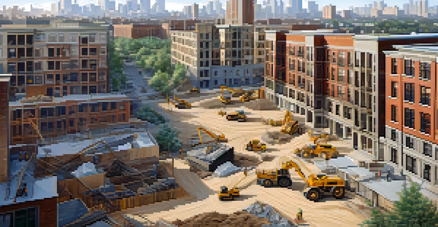 Aerial view of a construction site with cranes and workers, surrounded by a community of old and new buildings.