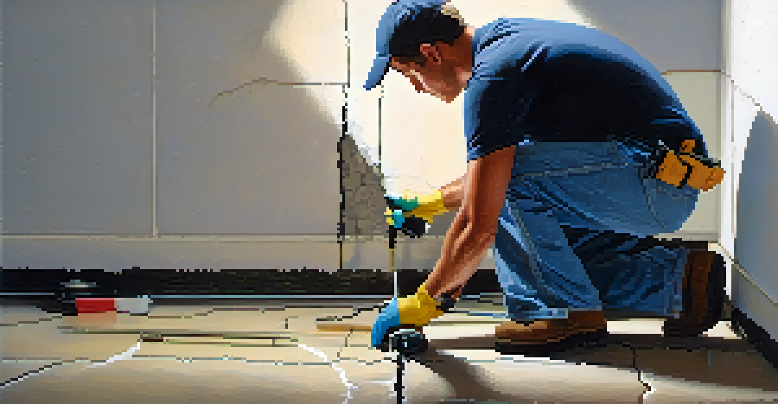 A homeowner sealing cracks in the basement foundation with caulk, highlighting the importance of preparation for a radon inspection in a dimly lit space.