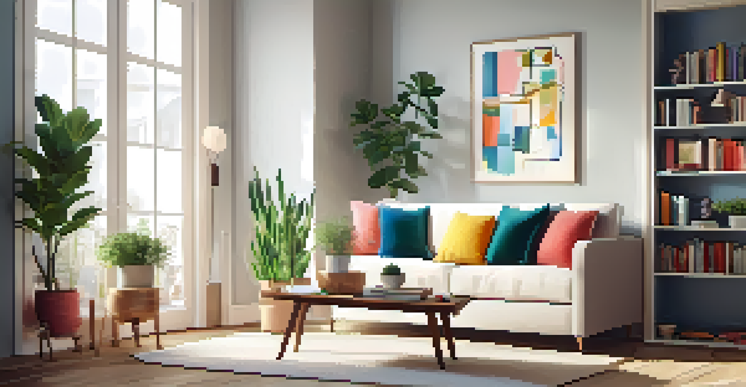 A cozy living room with a sofa, colorful cushions, a bookshelf, and ambient lighting, featuring abstract art and a potted plant.