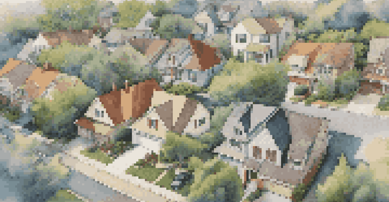 Aerial view of a neighborhood with drones surveying houses and yards, under a clear blue sky.