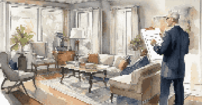 A female appraiser evaluating a property in a stylish living room with a clipboard and laptop, bathed in natural light.