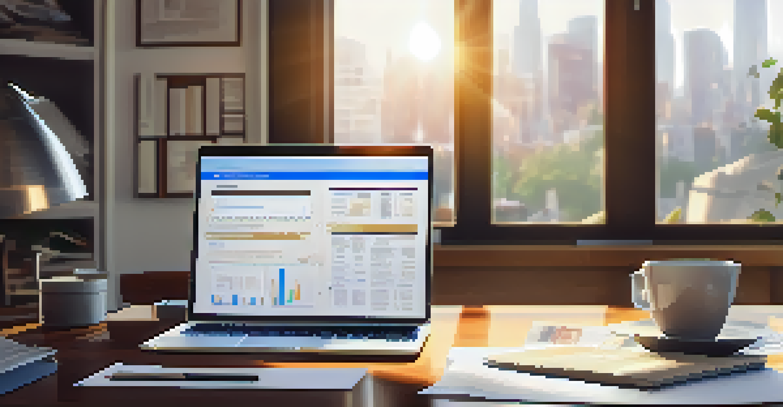 A desk with financial documents, a laptop, and a coffee cup, illuminated by morning light.